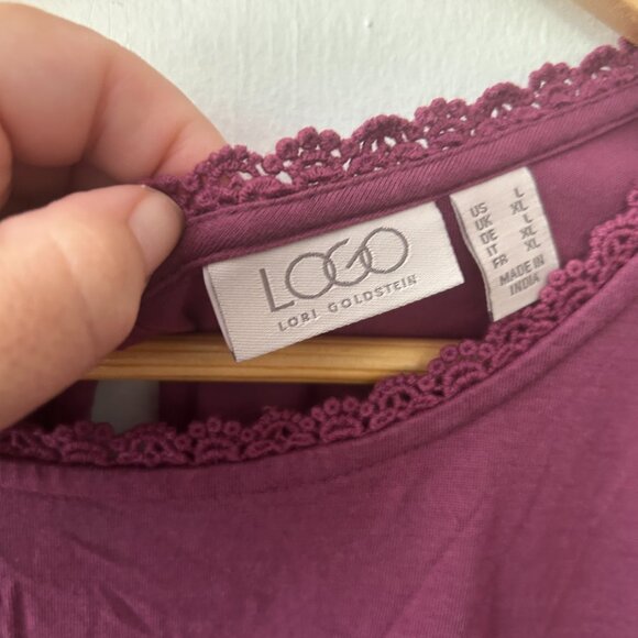 Logo Lori Goldstein Short Sleeve Top Womens Large Purple Keyhole Embroidered - Picture 4 of 8